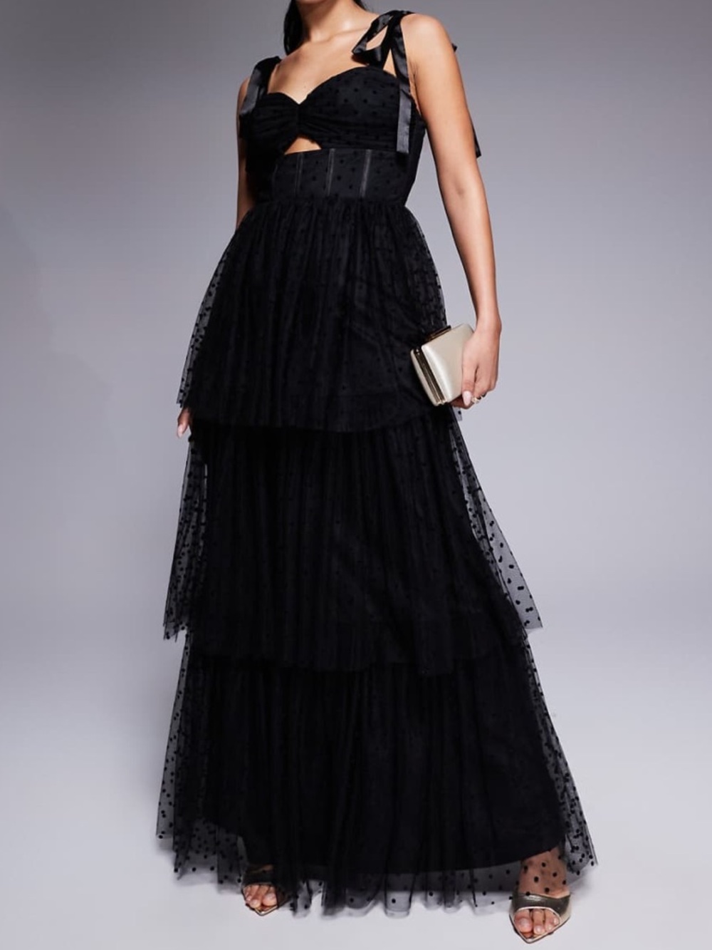Lulus Billie Swiss Dot Bow Shoulder Tiered Maxi Dress NWT Size XL